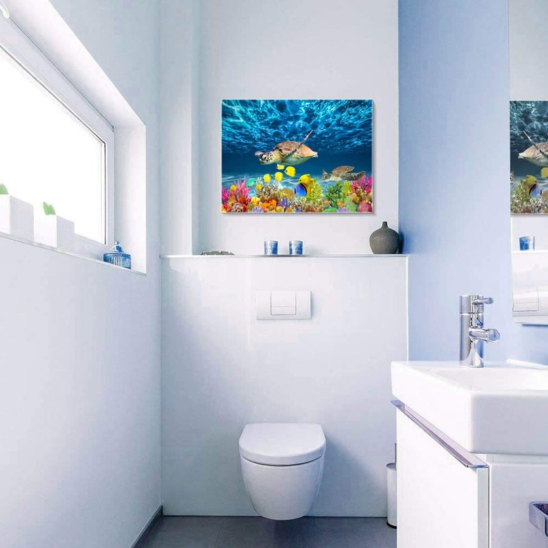 CGXART Bathroom Canvas Wall Art Kitchen Wall Decoration Modern Sea Turtle Wall Decor for Dining Room Colorful Fish Coral Beach Theme Pictures 12x16 Inch - Image 3